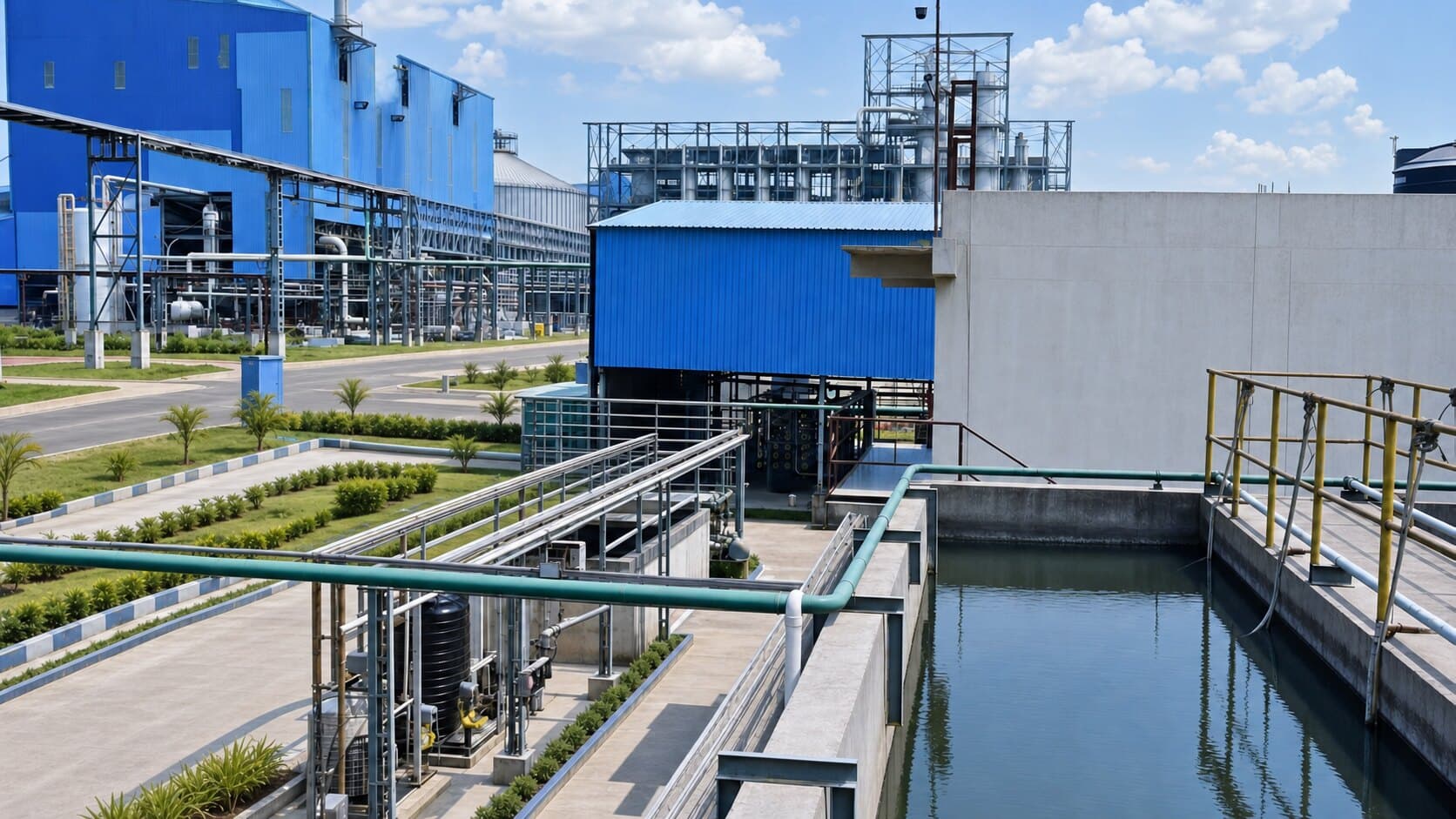 Across the Inland Power campus at Inland Nagar, Ramgarh: process buildings and landscaped grounds.